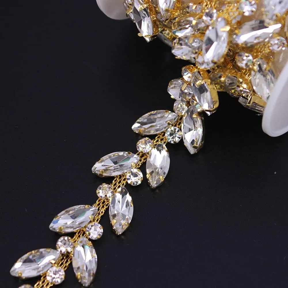 1 Yard AB Rhinestone Close Chain Trimming Applique for Sewing Craft, Jewelry Making, DIY Crafts Wedding Party Embellishments (Gold)