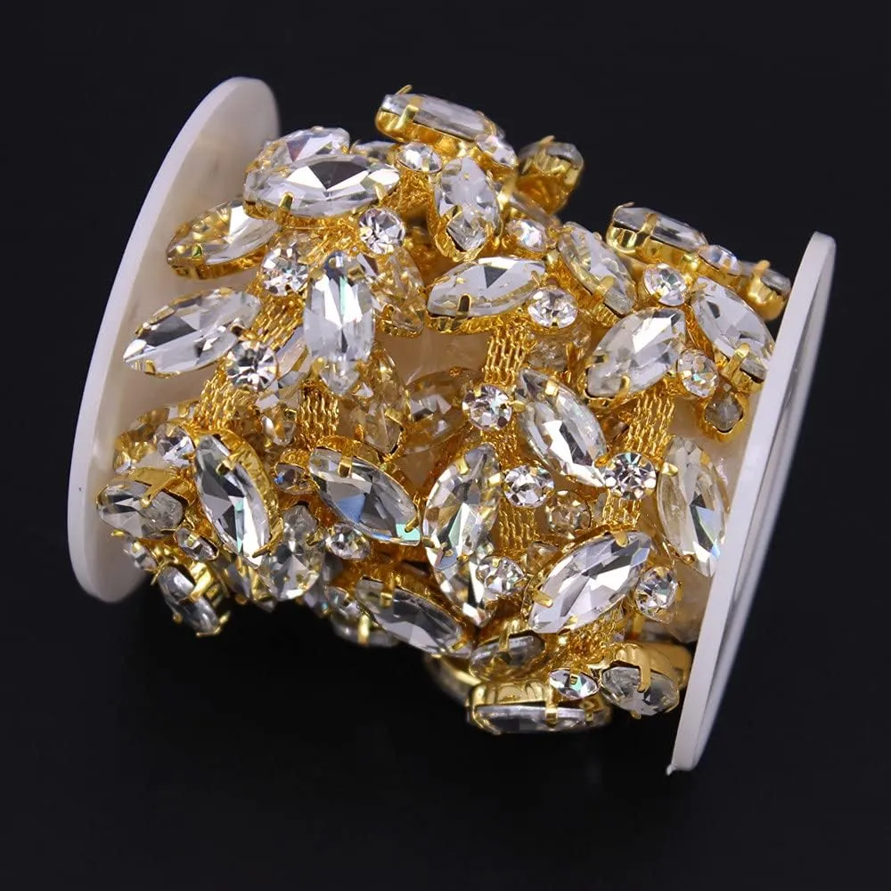 1 Yard AB Rhinestone Close Chain Trimming Applique for Sewing Craft, Jewelry Making, DIY Crafts Wedding Party Embellishments (Gold)