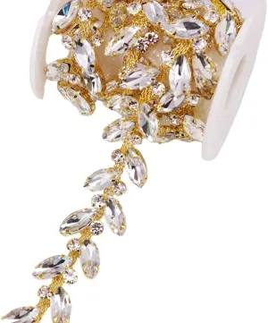 1 Yard AB Rhinestone Close Chain Trimming Applique for Sewing Craft, Jewelry Making, DIY Crafts Wedding Party Embellishments (Gold)