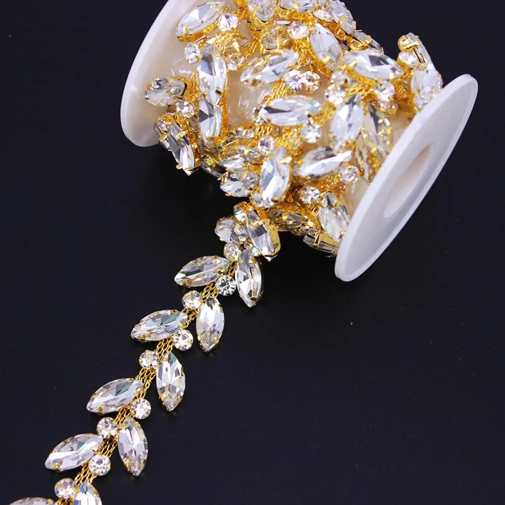 1 Yard AB Rhinestone Close Chain Trimming Applique for Sewing Craft, Jewelry Making, DIY Crafts Wedding Party Embellishments (Gold)