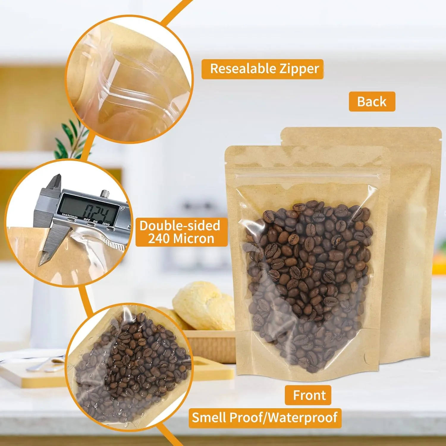 100 PCS Resealable Bags, Stand Up Kraft Bags with Window Clear Front Pouches, Zipper Lock Food Storage Bags 7.87×11.81 Inch Reusable Sealable Bags for Packaging