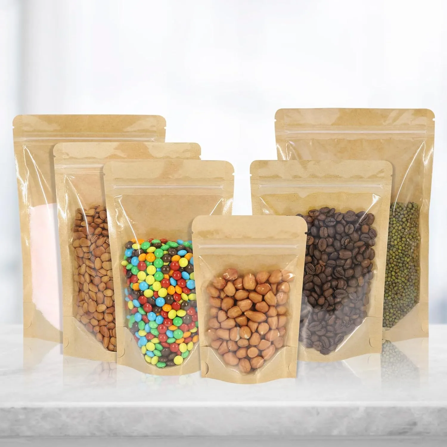 100 PCS Resealable Bags, Stand Up Kraft Bags with Window Clear Front Pouches, Zipper Lock Food Storage Bags 7.87×11.81 Inch Reusable Sealable Bags for Packaging