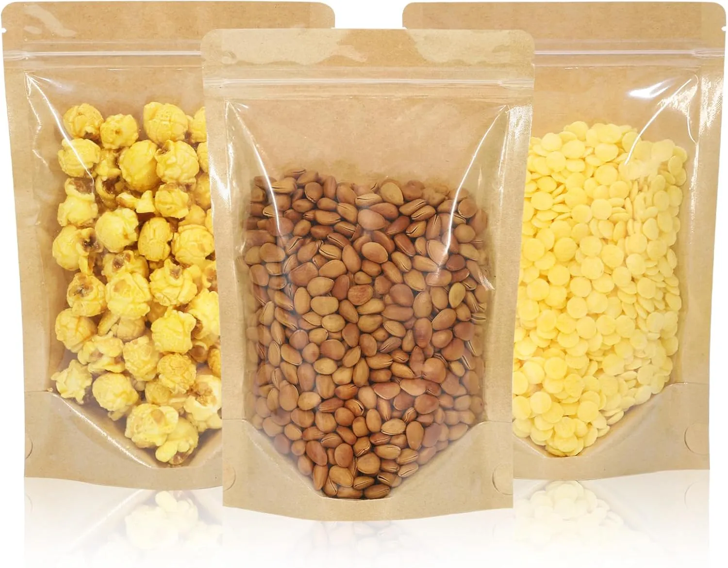 100 PCS Resealable Bags, Stand Up Kraft Bags with Window Clear Front Pouches, Zipper Lock Food Storage Bags 7.87×11.81 Inch Reusable Sealable Bags for Packaging
