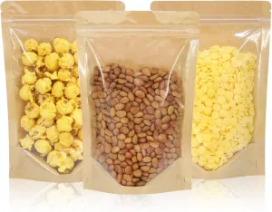 100 PCS Resealable Bags, Stand Up Kraft Bags with Window Clear Front Pouches, Zipper Lock Food Storage Bags 7.87×11.81 Inch Reusable Sealable Bags for Packaging