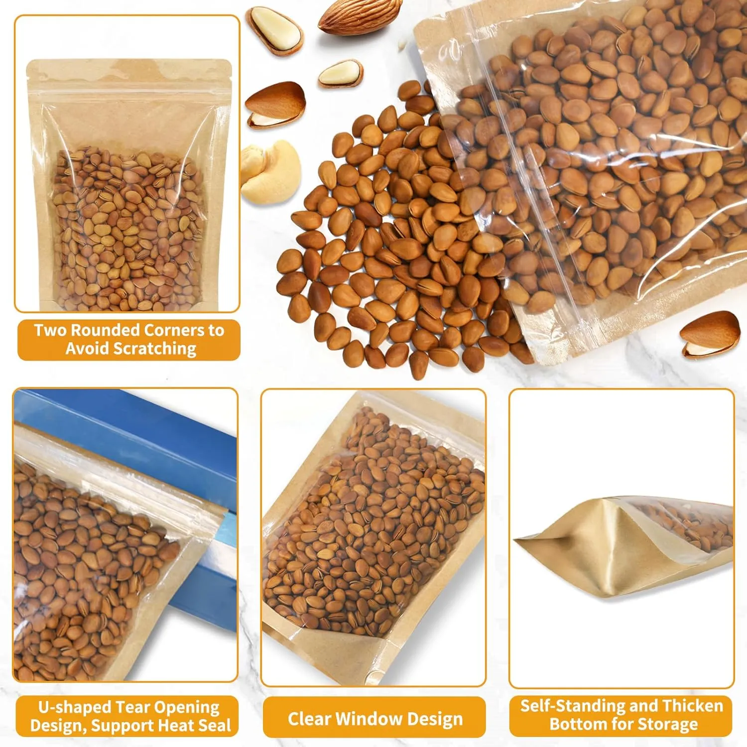 100 PCS Resealable Bags, Stand Up Kraft Bags with Window Clear Front Pouches, Zipper Lock Food Storage Bags 7.87×11.81 Inch Reusable Sealable Bags for Packaging