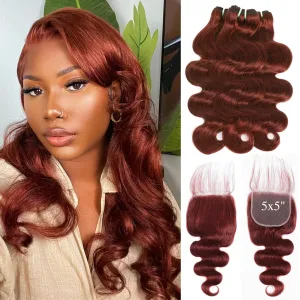 12A Double Drawn Bundles with 5x5 HD Lace Closure Human Hair Body Wave, 100% Raw Hair Colored #33 Reddish Brown Copper Red Auburn 3 Bundles Human Hair With Closure 5x5 Free Part 12 14 16 12 IN