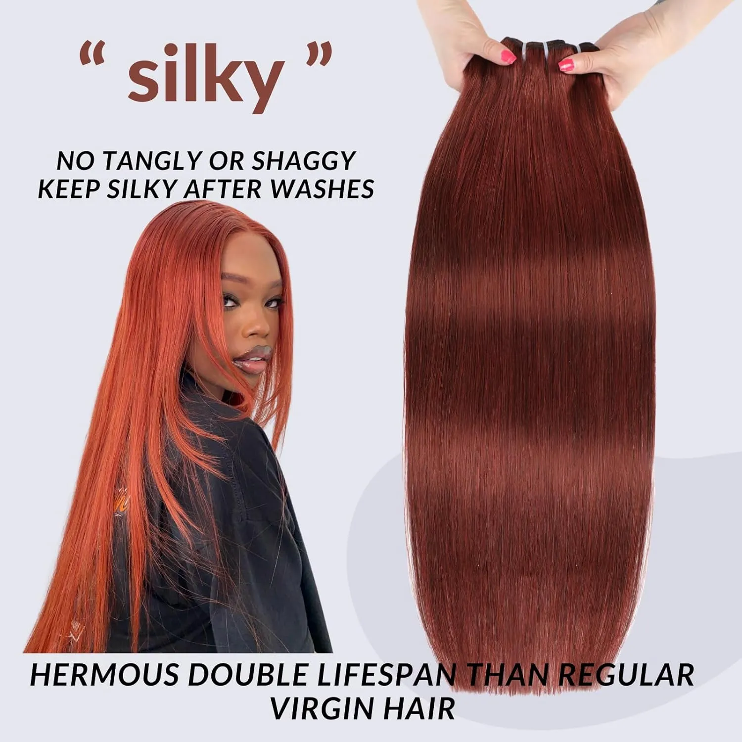 12A Double Drawn Reddish Brown Bundles With 2x6 Closure 18 20 22 18 Inch, Deep Part 2 by 6 HD Lace Closure With 3 Bundles Human Hair Straight Ultra Full Shed Free Weft Color #33B Copper Red