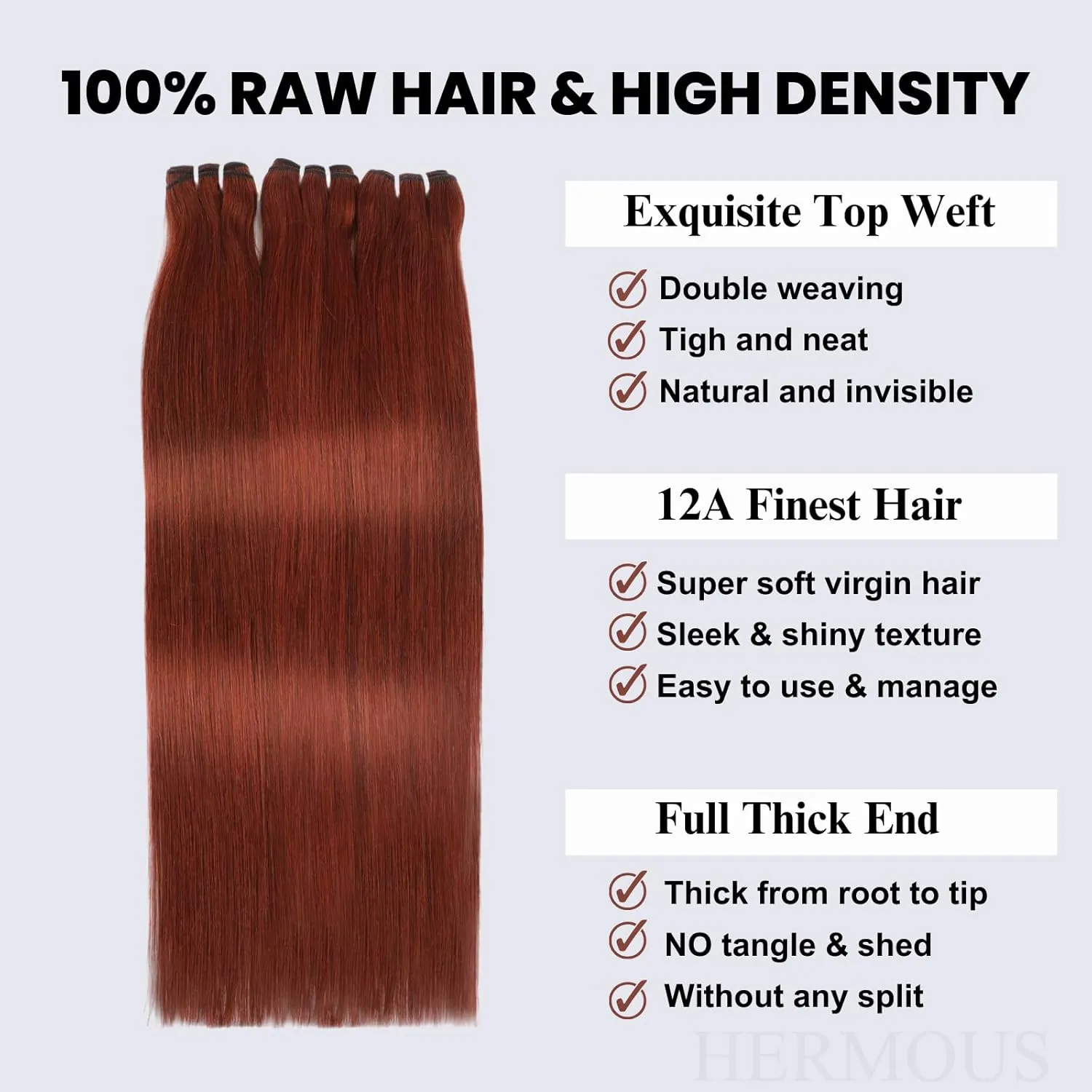 12A Double Drawn Reddish Brown Bundles With 2x6 Closure 18 20 22 18 Inch, Deep Part 2 by 6 HD Lace Closure With 3 Bundles Human Hair Straight Ultra Full Shed Free Weft Color #33B Copper Red