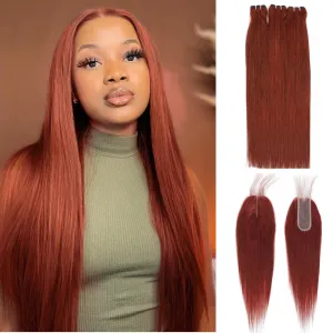 12A Double Drawn Reddish Brown Bundles With 2x6 Closure 18 20 22 18 Inch, Deep Part 2 by 6 HD Lace Closure With 3 Bundles Human Hair Straight Ultra Full Shed Free Weft Color #33B Copper Red