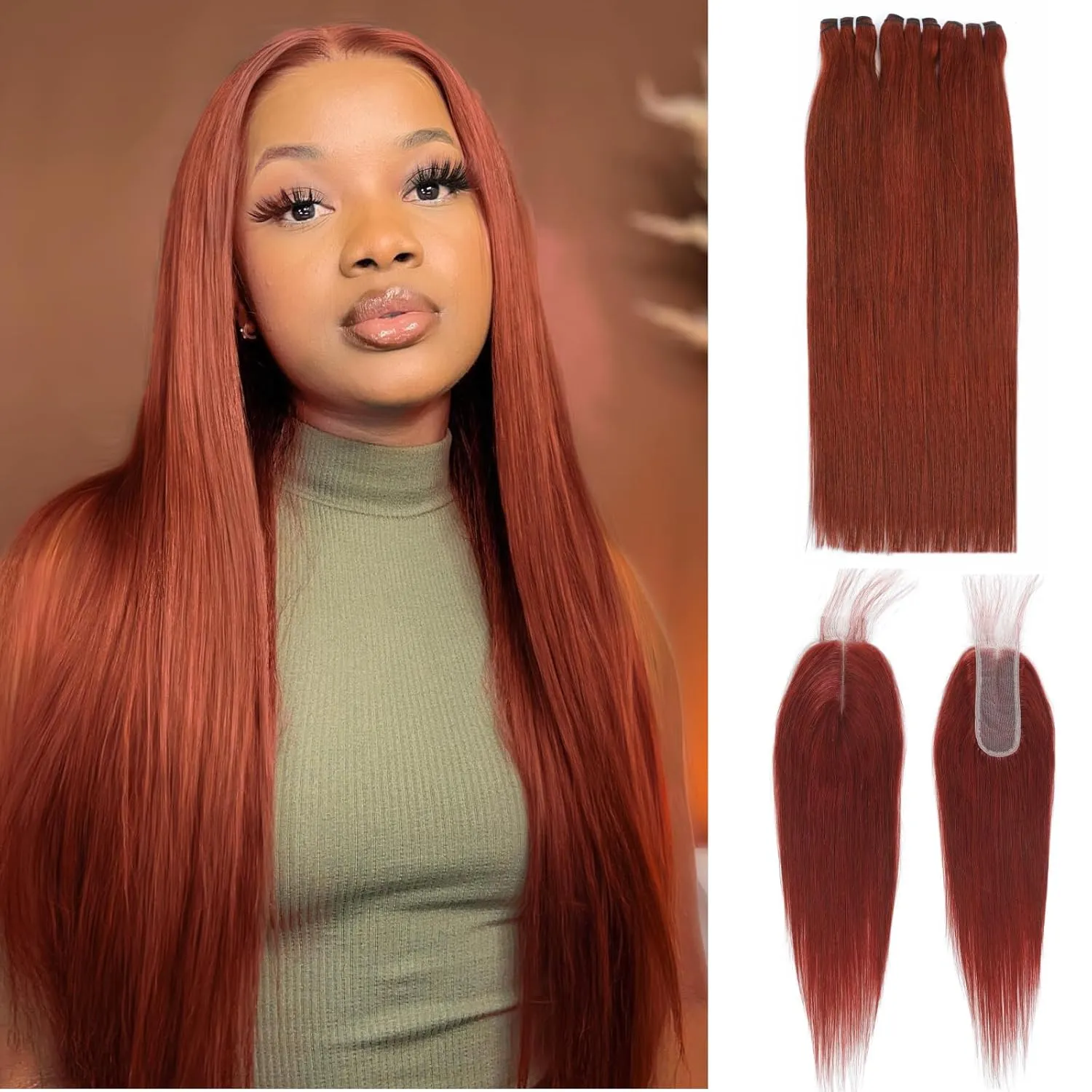 12A Double Drawn Reddish Brown Bundles With 2x6 Closure 18 20 22 18 Inch, Deep Part 2 by 6 HD Lace Closure With 3 Bundles Human Hair Straight Ultra Full Shed Free Weft Color #33B Copper Red