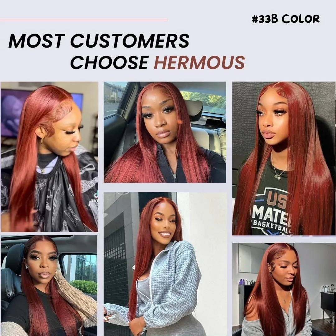 12A Double Drawn Reddish Brown Bundles With 2x6 Closure 18 20 22 18 Inch, Deep Part 2 by 6 HD Lace Closure With 3 Bundles Human Hair Straight Ultra Full Shed Free Weft Color #33B Copper Red