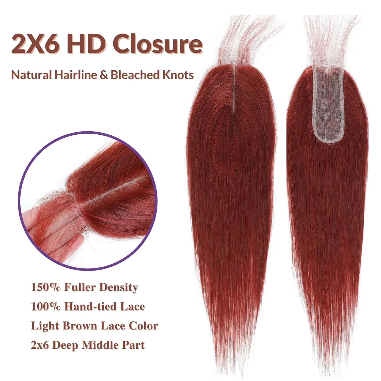 12A Double Drawn Reddish Brown Bundles With 2x6 Closure 18 20 22 18 Inch, Deep Part 2 by 6 HD Lace Closure With 3 Bundles Human Hair Straight Ultra Full Shed Free Weft Color #33B Copper Red