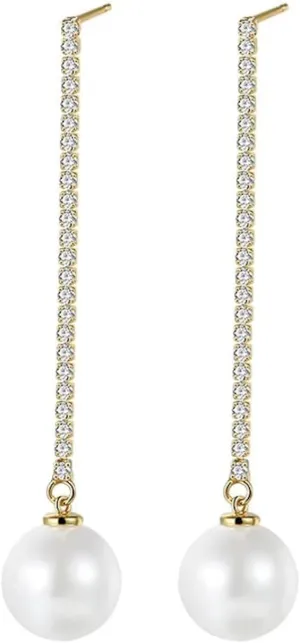 14K Gold Freshwater Cultured Pearl Dangle Earrings for Women,Long Chain Gold and Moissanite Drop Earrings,Fashion Jewelry Gift for Her