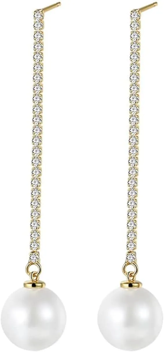 14K Gold Freshwater Cultured Pearl Dangle Earrings for Women,Long Chain Gold and Moissanite Drop Earrings,Fashion Jewelry Gift for Her