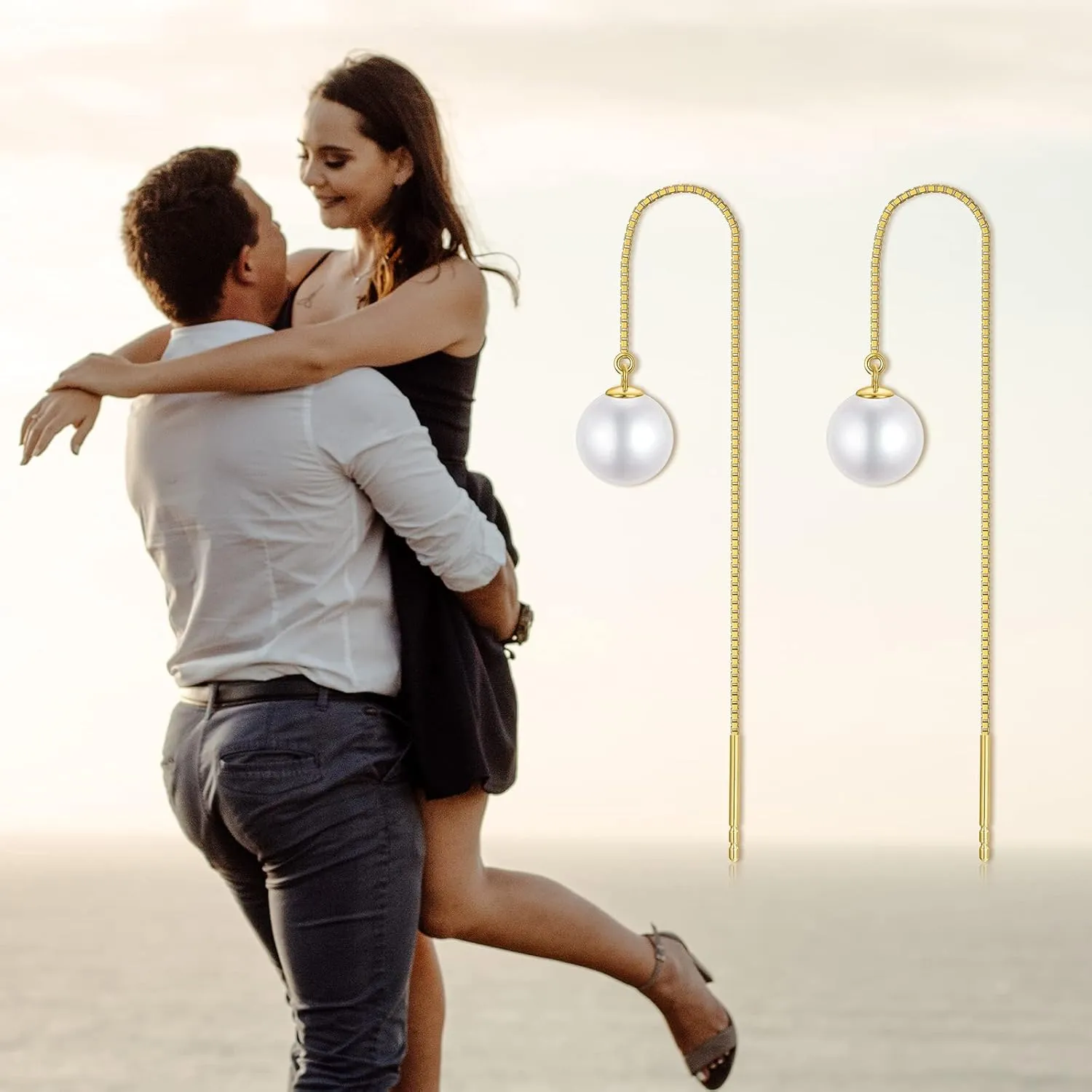 14kt Solid Gold Pearl Dangle Earrings for Women, Durable Gold Box Chain Freshwater Cultured Pearl Threader Drop Earrings Jewelry for Her