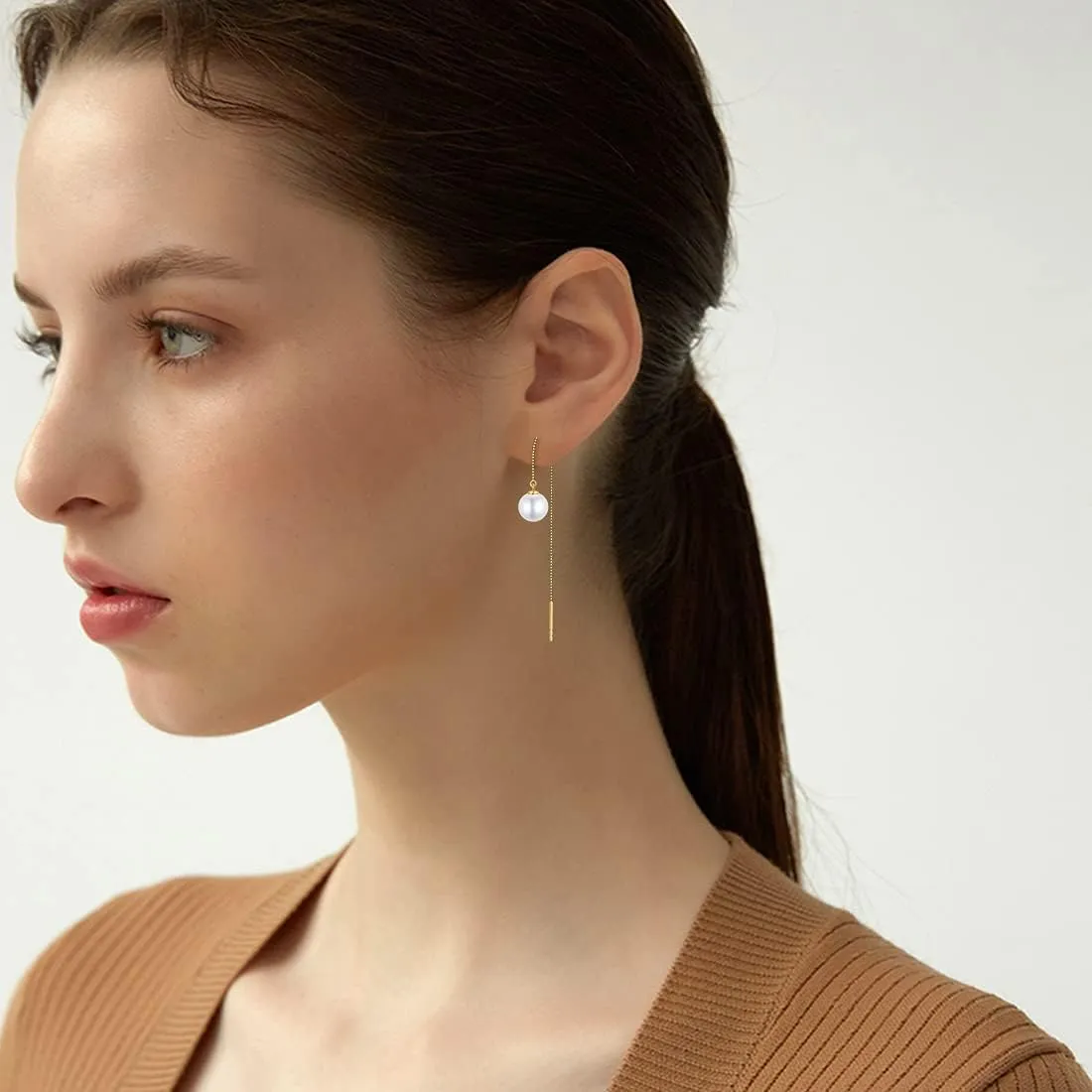 14kt Solid Gold Pearl Dangle Earrings for Women, Durable Gold Box Chain Freshwater Cultured Pearl Threader Drop Earrings Jewelry for Her