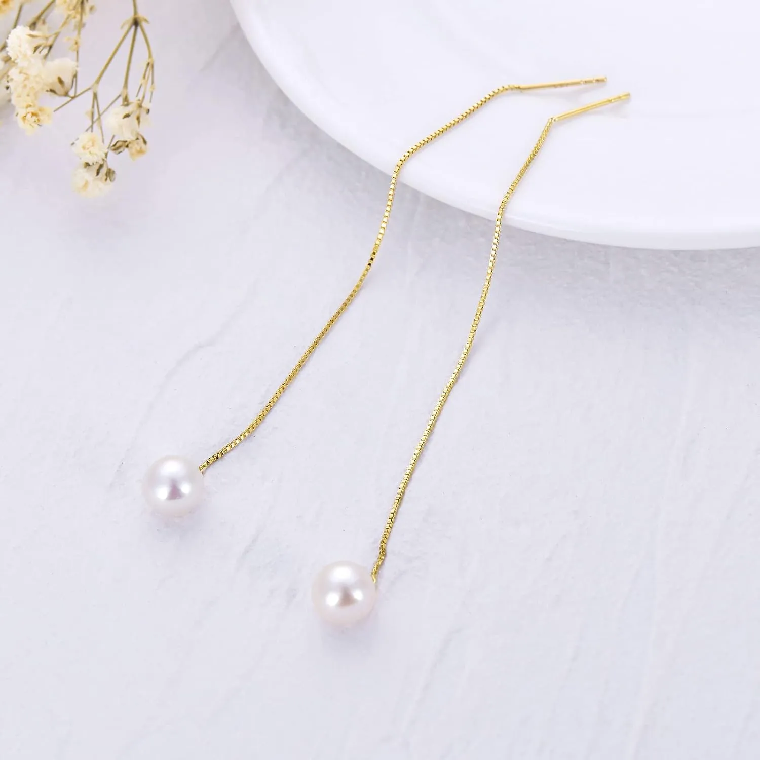 14kt Solid Gold Pearl Dangle Earrings for Women, Durable Gold Box Chain Freshwater Cultured Pearl Threader Drop Earrings Jewelry for Her