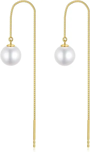 14kt Solid Gold Pearl Dangle Earrings for Women, Durable Gold Box Chain Freshwater Cultured Pearl Threader Drop Earrings Jewelry for Her