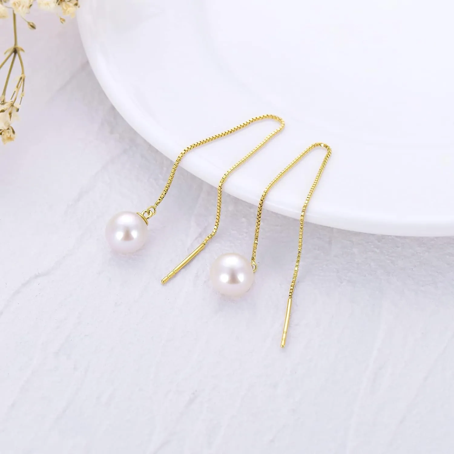 14kt Solid Gold Pearl Dangle Earrings for Women, Durable Gold Box Chain Freshwater Cultured Pearl Threader Drop Earrings Jewelry for Her