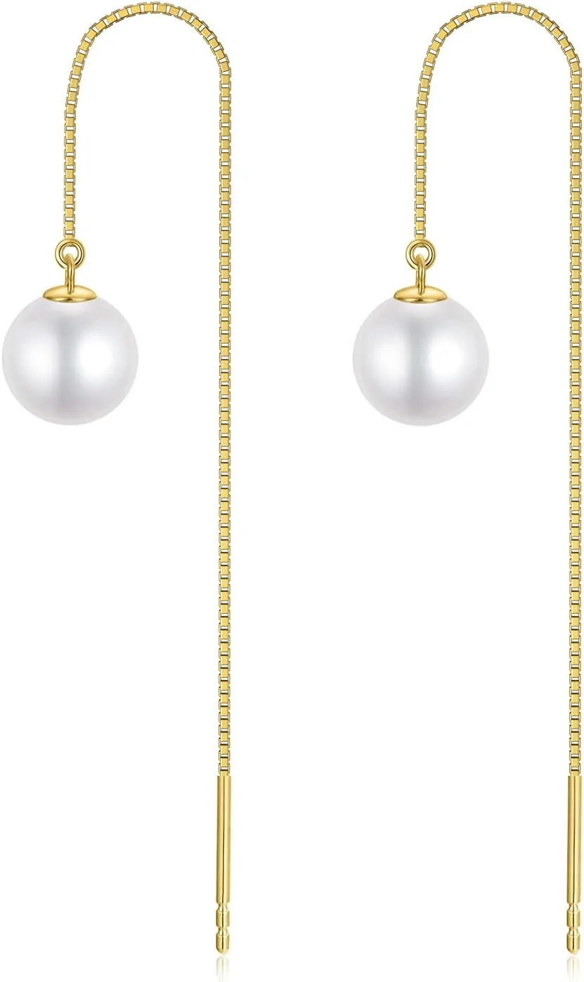 14kt Solid Gold Pearl Dangle Earrings for Women, Durable Gold Box Chain Freshwater Cultured Pearl Threader Drop Earrings Jewelry for Her