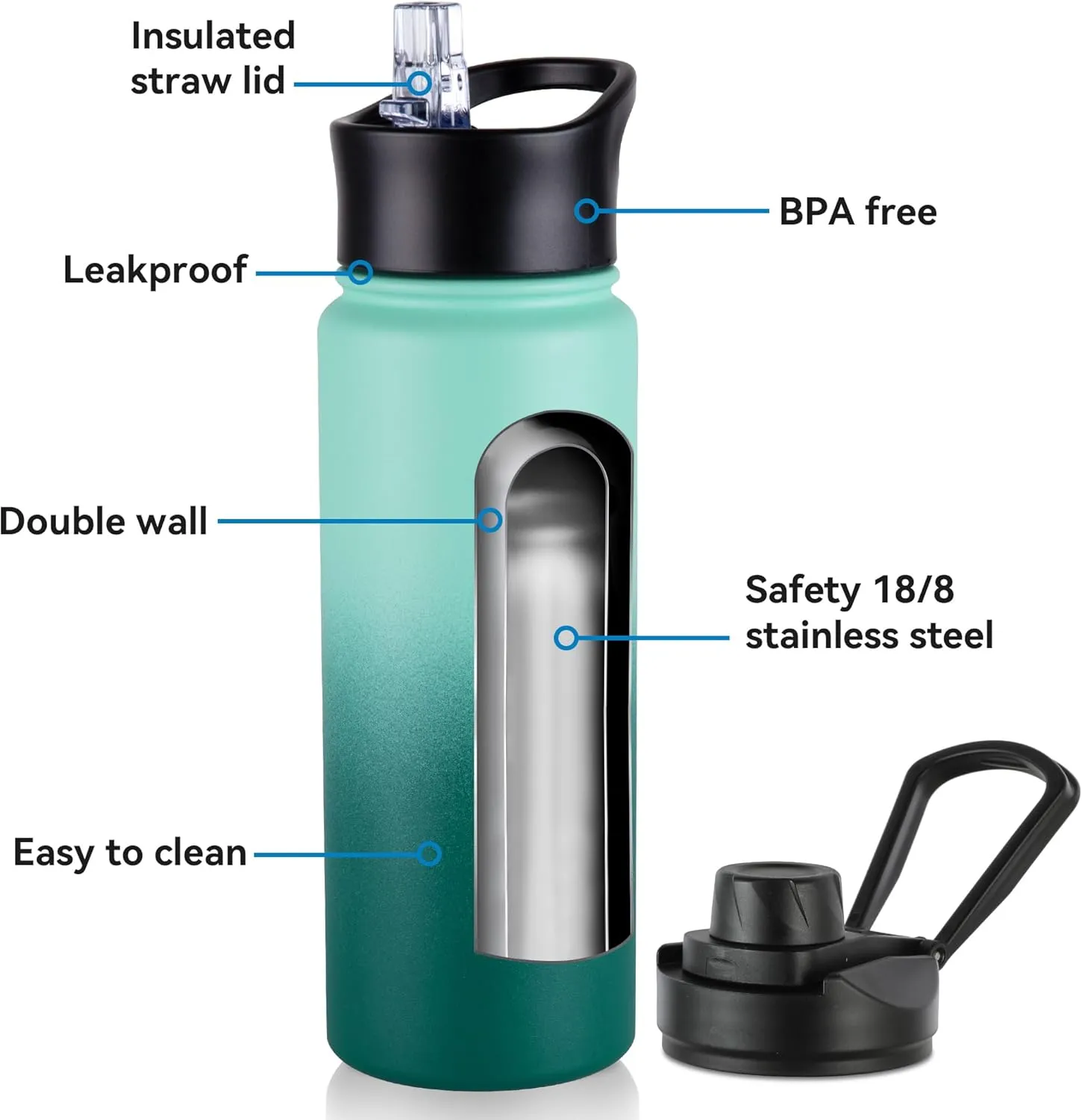 16 oz Insulated Water Bottle with Straw Lids, Stainless Steel Kids Water Bottles for School, Double Wall Vacuum Metal Water Bottle with Straw & Wide Mouth Lid, Gradient Green 1 Pack