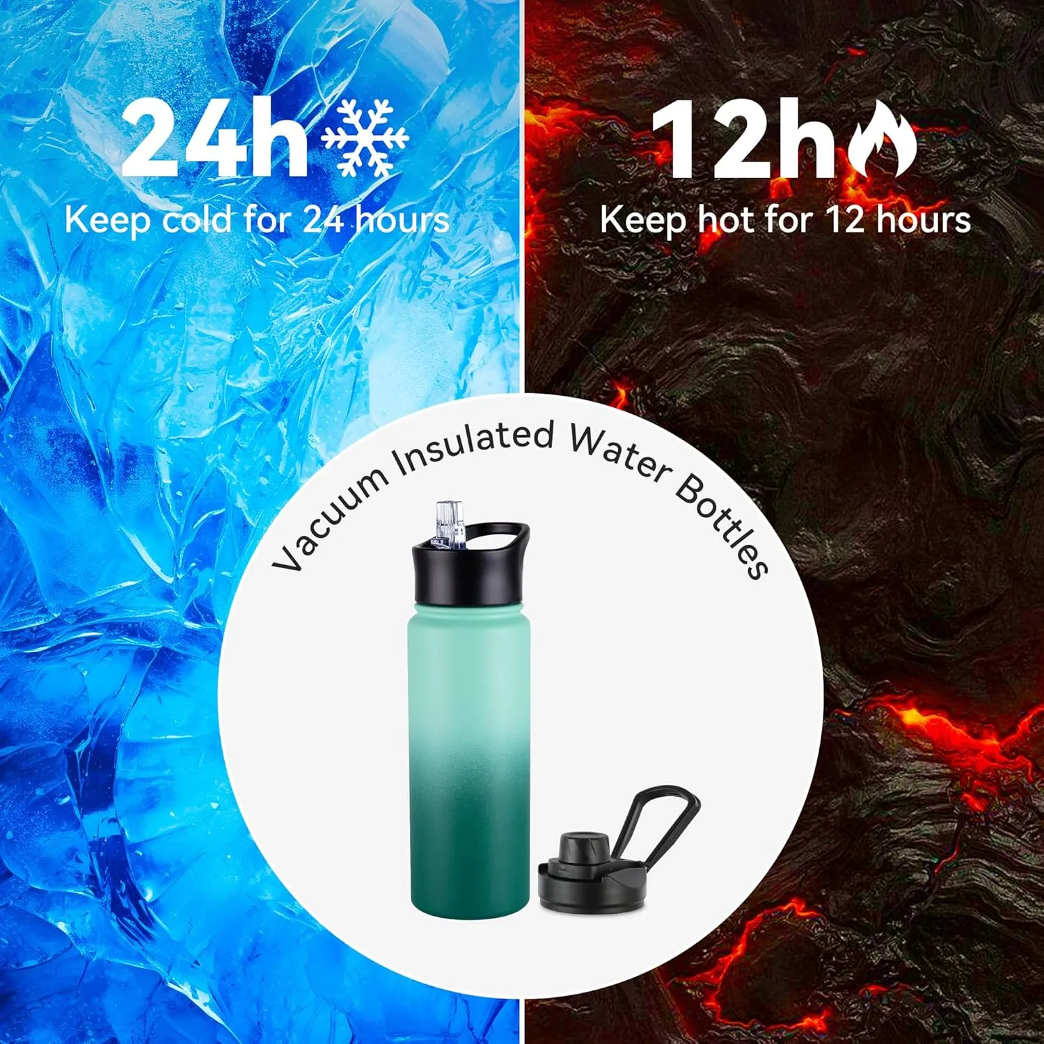 16 oz Insulated Water Bottle with Straw Lids, Stainless Steel Kids Water Bottles for School, Double Wall Vacuum Metal Water Bottle with Straw & Wide Mouth Lid, Gradient Green 1 Pack
