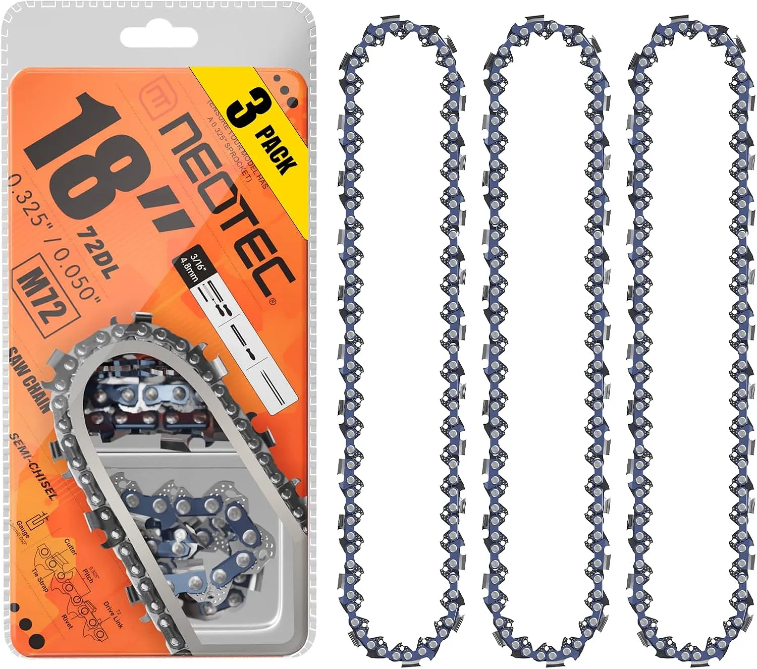 18 Inch Chainsaw Chain,0.325" Pitch .050" Gauge 72 Drive Links Fits for Husqvarna 440, 445, Echo CS-400, Jonsered - 591094872, 20lpx072g, and More H72 M72(3 Chains)