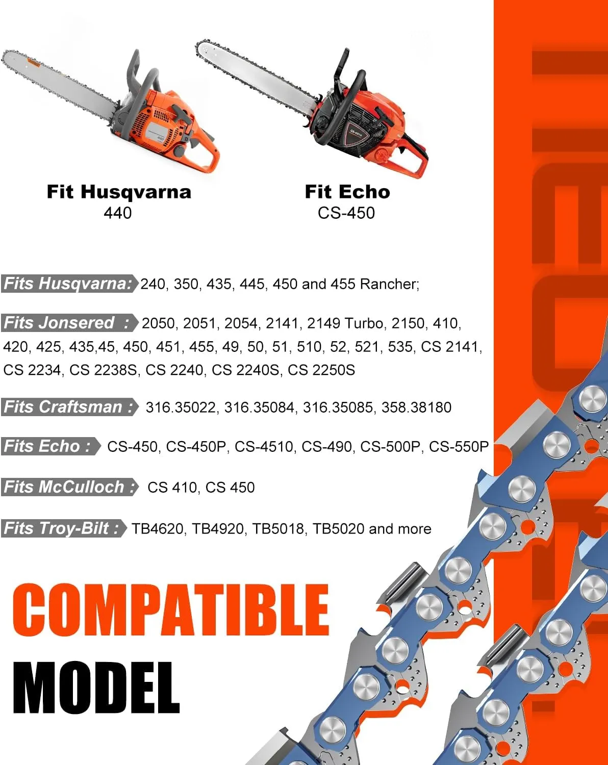 18 Inch Chainsaw Chain,0.325" Pitch .050" Gauge 72 Drive Links Fits for Husqvarna 440, 445, Echo CS-400, Jonsered - 591094872, 20lpx072g, and More H72 M72(3 Chains)