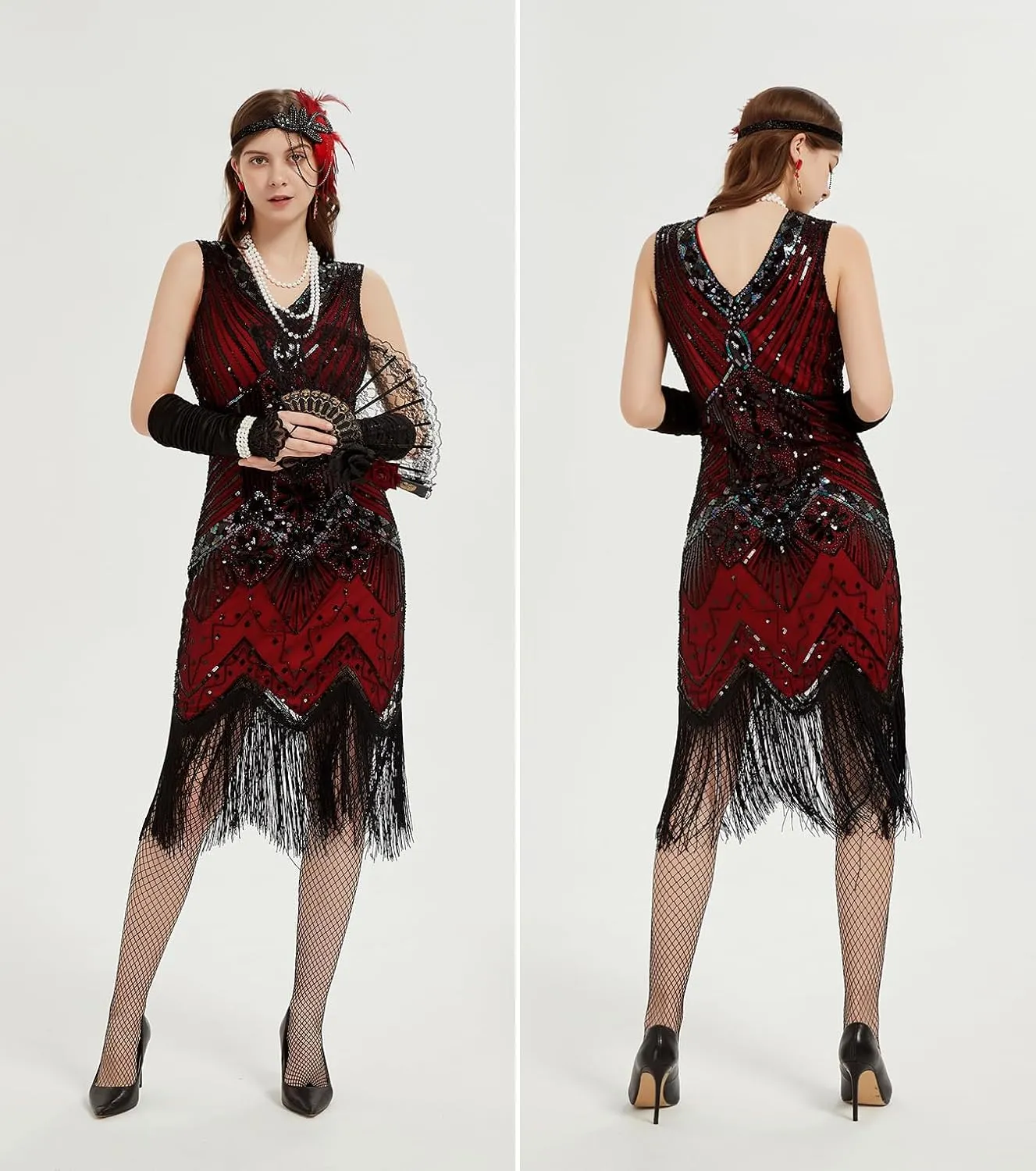 1920s Dresses for Women, Flapper Dress Lace Fan Feather Headband Sequins Beads Fringes 20s Accessories Vintage Mafia Costume