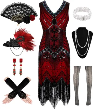 1920s Dresses for Women, Flapper Dress Lace Fan Feather Headband Sequins Beads Fringes 20s Accessories Vintage Mafia Costume
