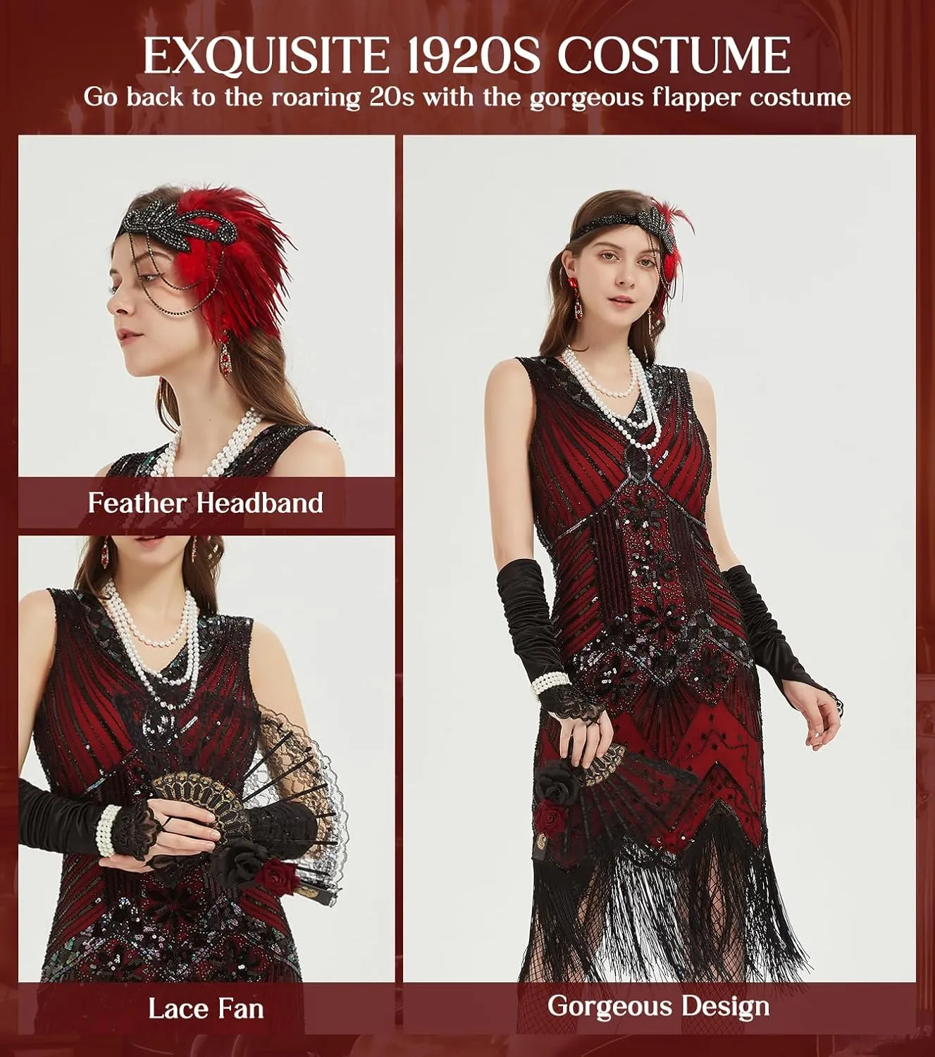 1920s Dresses for Women, Flapper Dress Lace Fan Feather Headband Sequins Beads Fringes 20s Accessories Vintage Mafia Costume