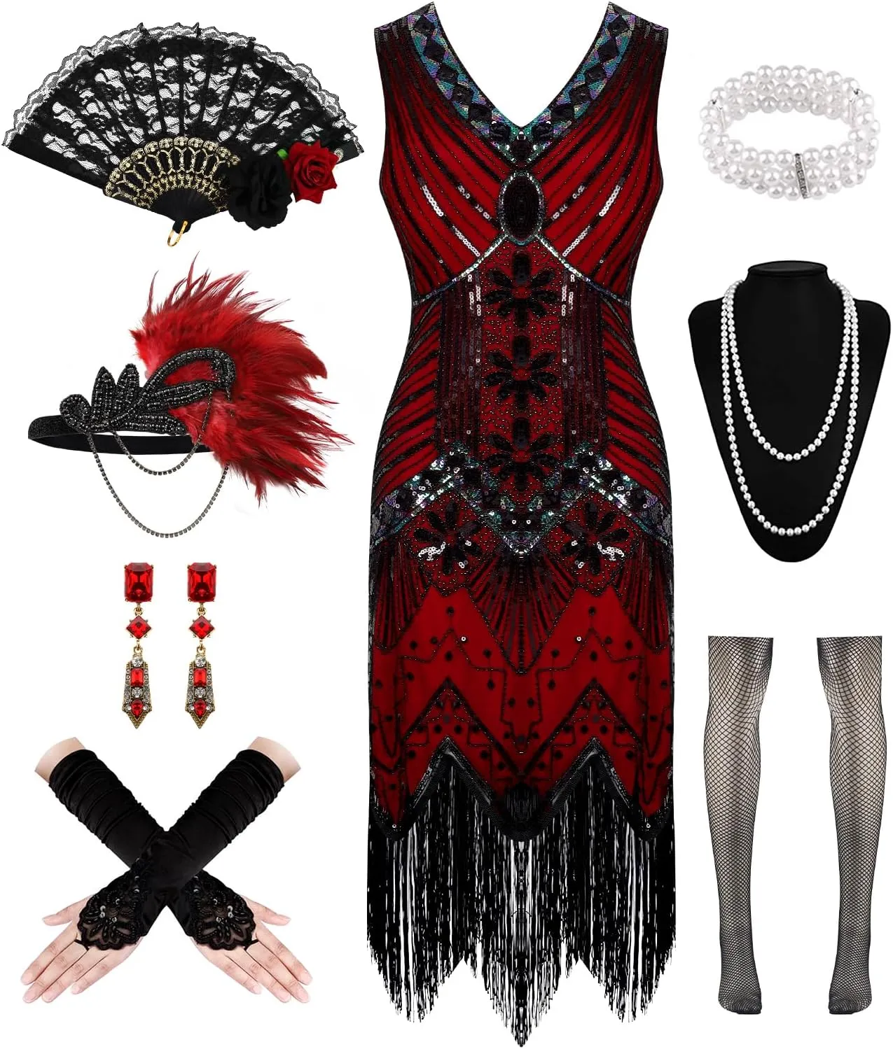 1920s Dresses for Women, Flapper Dress Lace Fan Feather Headband Sequins Beads Fringes 20s Accessories Vintage Mafia Costume
