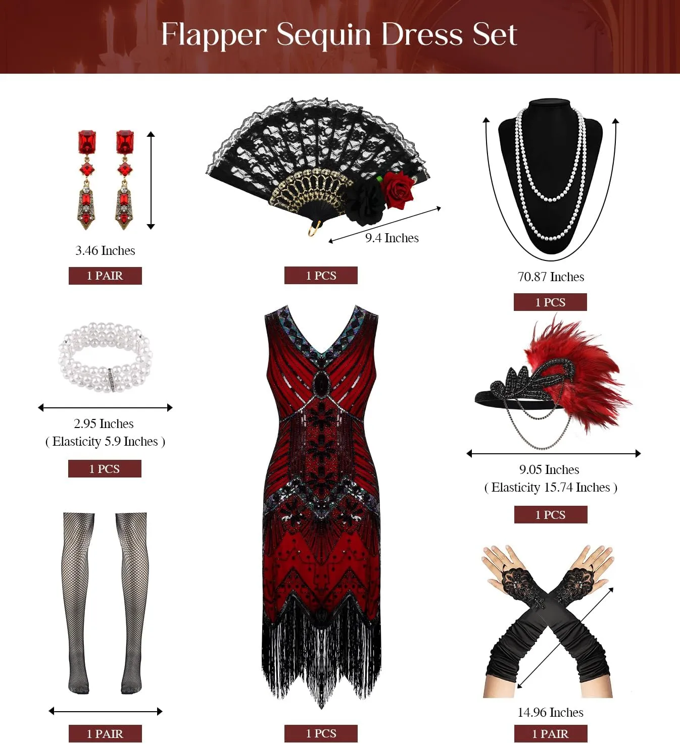 1920s Dresses for Women, Flapper Dress Lace Fan Feather Headband Sequins Beads Fringes 20s Accessories Vintage Mafia Costume