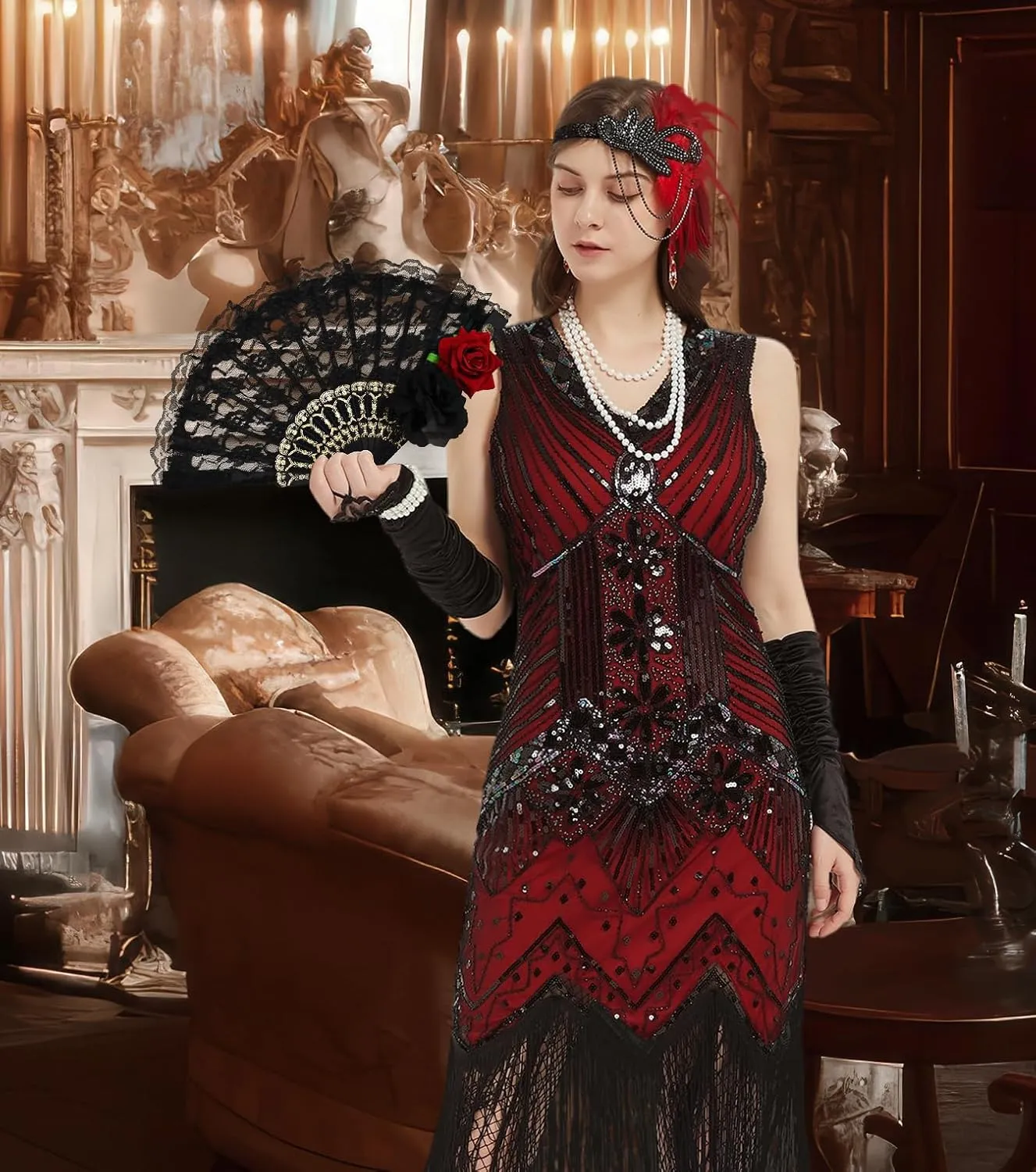 1920s Dresses for Women, Flapper Dress Lace Fan Feather Headband Sequins Beads Fringes 20s Accessories Vintage Mafia Costume