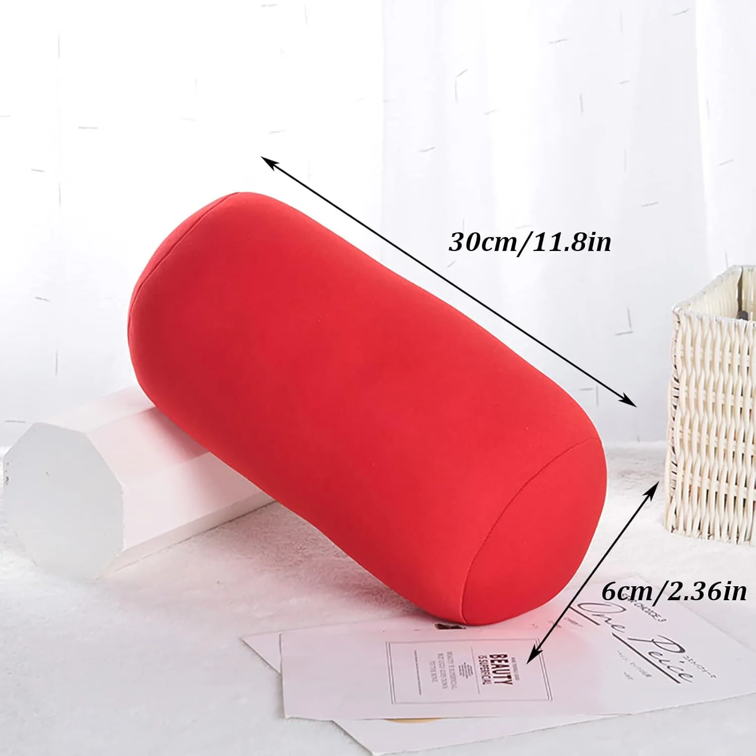 2 Pcs Microbead Bolster Tube Pillow, Squishy Neck Arm Back Support Roll Body Cushion Pillows Cylinder Bean Bag Throw Pillow for Plane Car Travel Recliner Sleeping, 11.8 x 6.3 Inch, Red   Green
