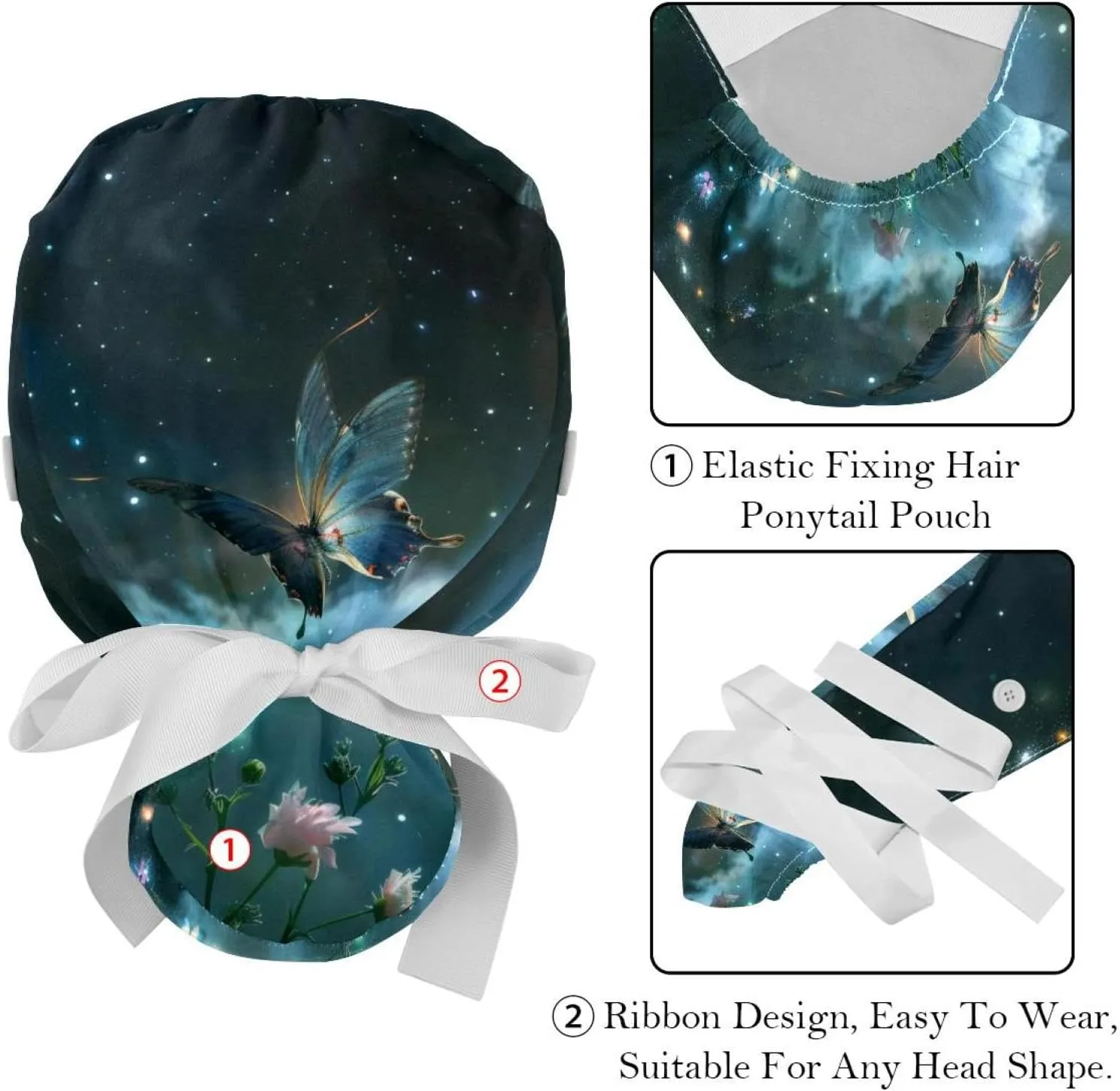 2 Pieces Hand Drawn Cartoon Cars Bouffant Hat with Buttons, Adjustable Working Caps, Stretchy Tie Back Scrub Hats