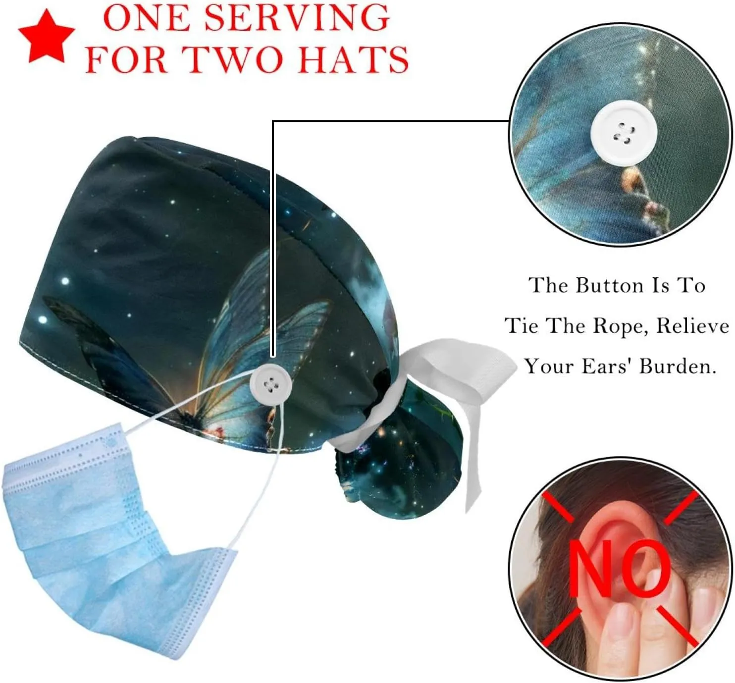 2 Pieces Hand Drawn Cartoon Cars Bouffant Hat with Buttons, Adjustable Working Caps, Stretchy Tie Back Scrub Hats
