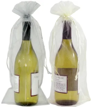 20 Designer Wine Organza Fabric Gift Bags Party Gift Bags Large 15" by 6.5" in Silver & Beige