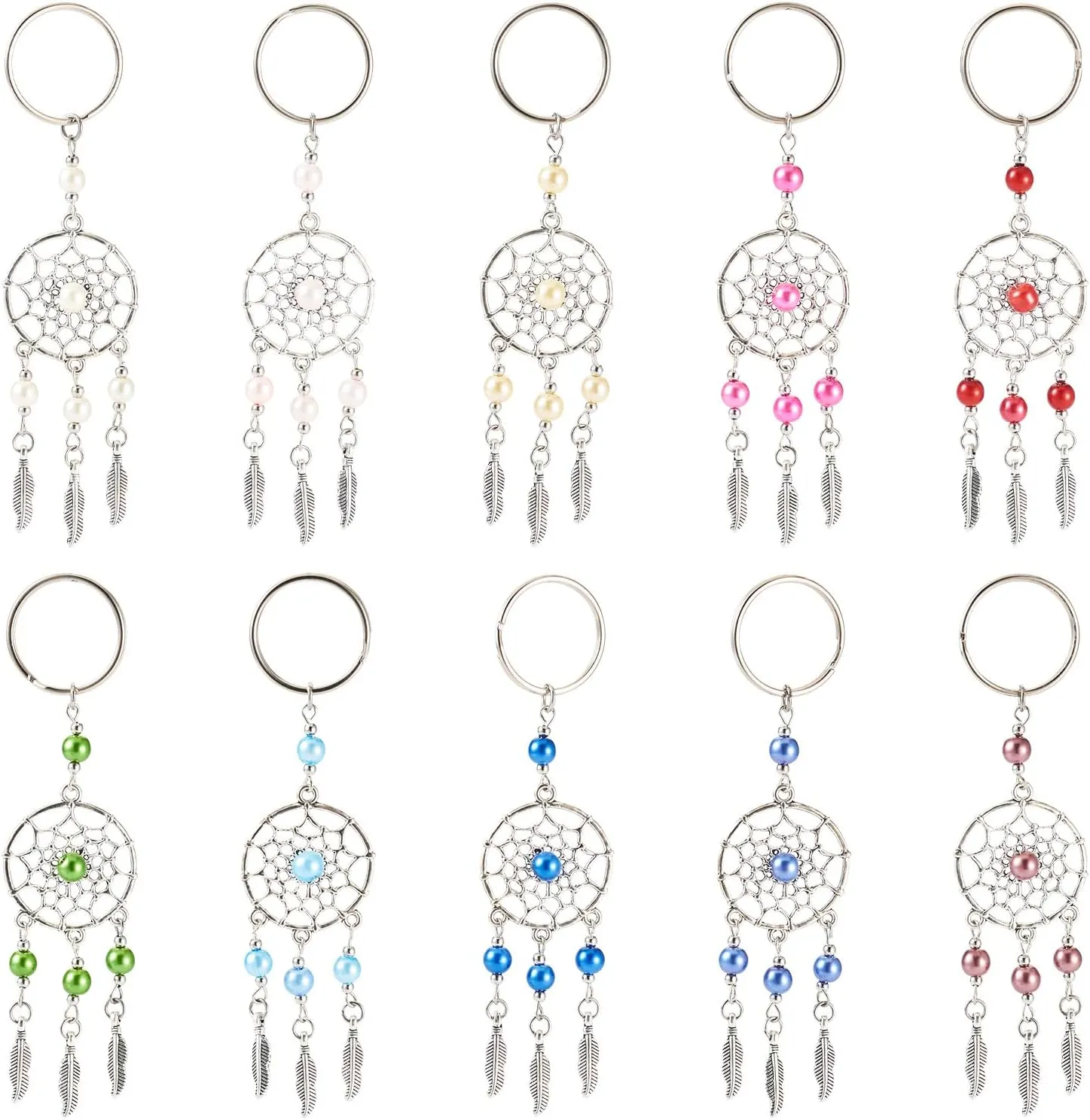 20 Pcs Dream Catchers Key Chain Bohemian Metal Feather Key Rings with Pearl Beads for Jewelry Making Women Wallet Handbag Accessory Craft Car Key