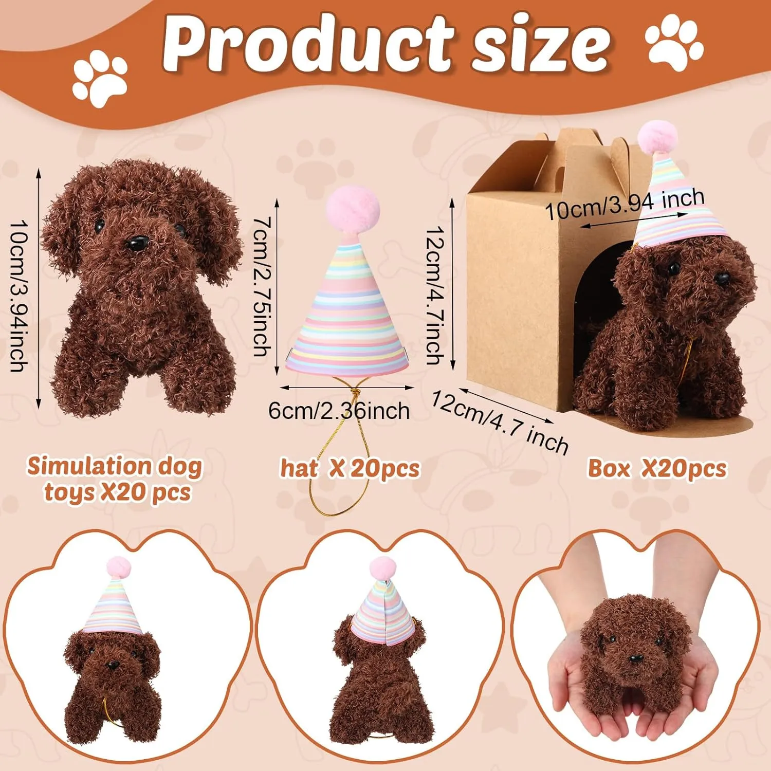 20 Pcs Mini Stuffed Animals Plush Toy Set Includes 20 Birthday Hats 20 Kraft Paper Boxes for Boys and Girls Animal Theme Birthday Party Supplies Favors Gifts (Light Brown)