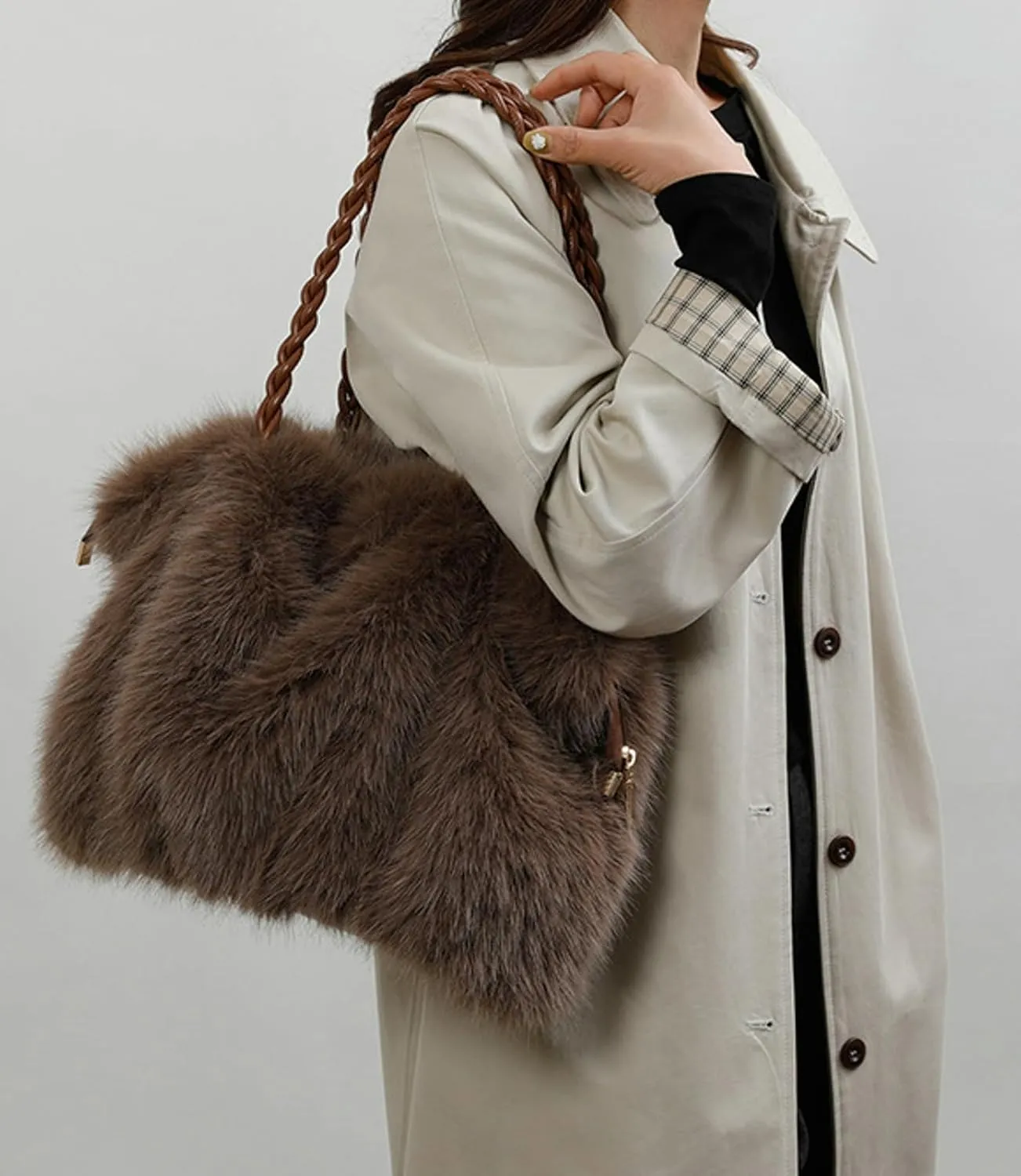 2024 Fall Winter Womens Plush Tote Bag Furry Handbag Wrinkled Shoulder Bag Crossbody Plush Bag