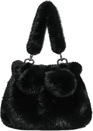 2024 Women Fall Winter Plush Tote Bag Bow Faux Mink Fur Short Handle PU Shoulder Strap Small Crossbody Bag