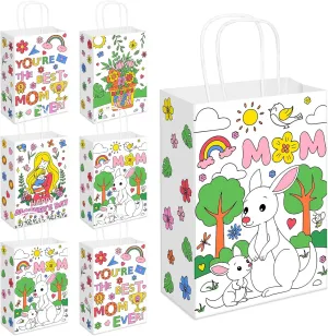 24 Pcs Mother's Day Coloring Bags Color Your Own Mom Paper Gift Bag Bulk DIY Mother Candy Bag Coloring Goodie Treat Bags with Handle Party Favor Bag for Best Mom Fun School Home Activities