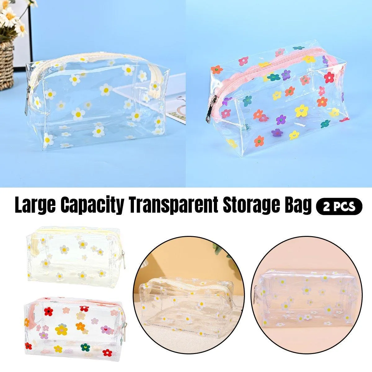 2PCS Large Capacity Transparent PVC Travel Bag Women Portable Wash Storage Bag