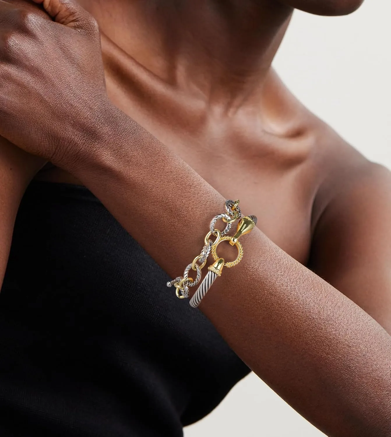 2PCS Twisted Cable Bangle and Chain Set, Trendy Gold and Silver Cuff Two Tone Bracelet Designer Dupes Mixed Metal Jewelry for Women