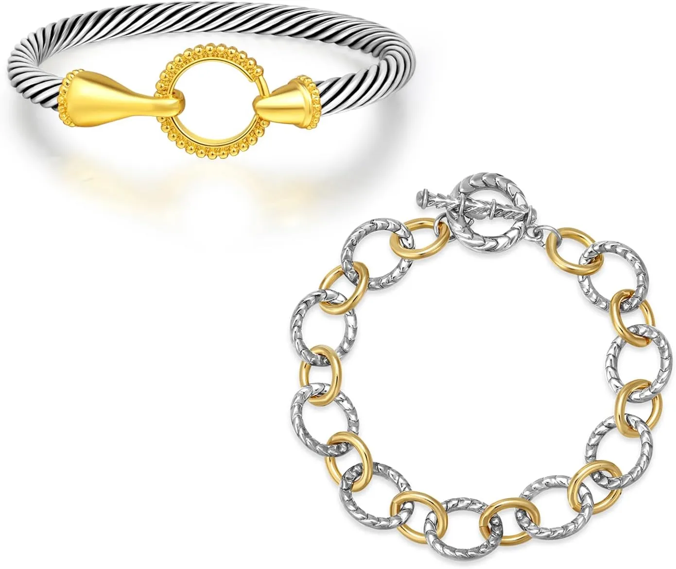 2PCS Twisted Cable Bangle and Chain Set, Trendy Gold and Silver Cuff Two Tone Bracelet Designer Dupes Mixed Metal Jewelry for Women