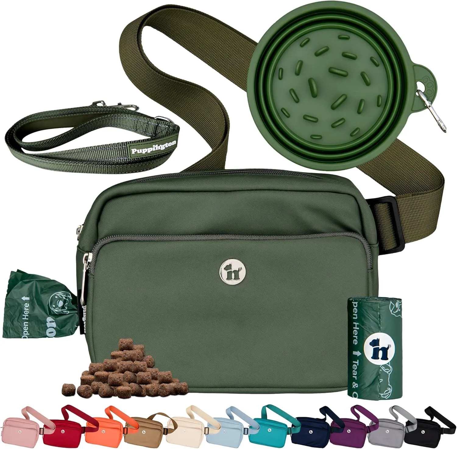 3-in-1 Crossbody Dog Treat Pouch for Pet Training - Compostable Poop Bags, Built-In Poop Bag Dispenser, Slow-Feeding Travel Dog Bowl & Reflective Leash - Dog Walking Bag (Basil Green)