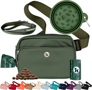 3-in-1 Crossbody Dog Treat Pouch for Pet Training - Compostable Poop Bags, Built-In Poop Bag Dispenser, Slow-Feeding Travel Dog Bowl & Reflective Leash - Dog Walking Bag (Basil Green)