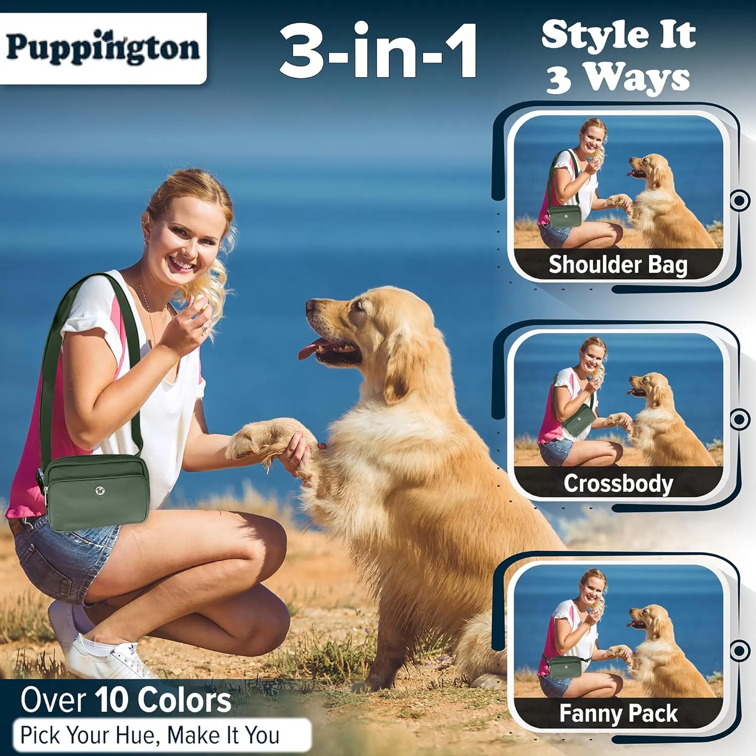 3-in-1 Crossbody Dog Treat Pouch for Pet Training - Compostable Poop Bags, Built-In Poop Bag Dispenser, Slow-Feeding Travel Dog Bowl & Reflective Leash - Dog Walking Bag (Basil Green)