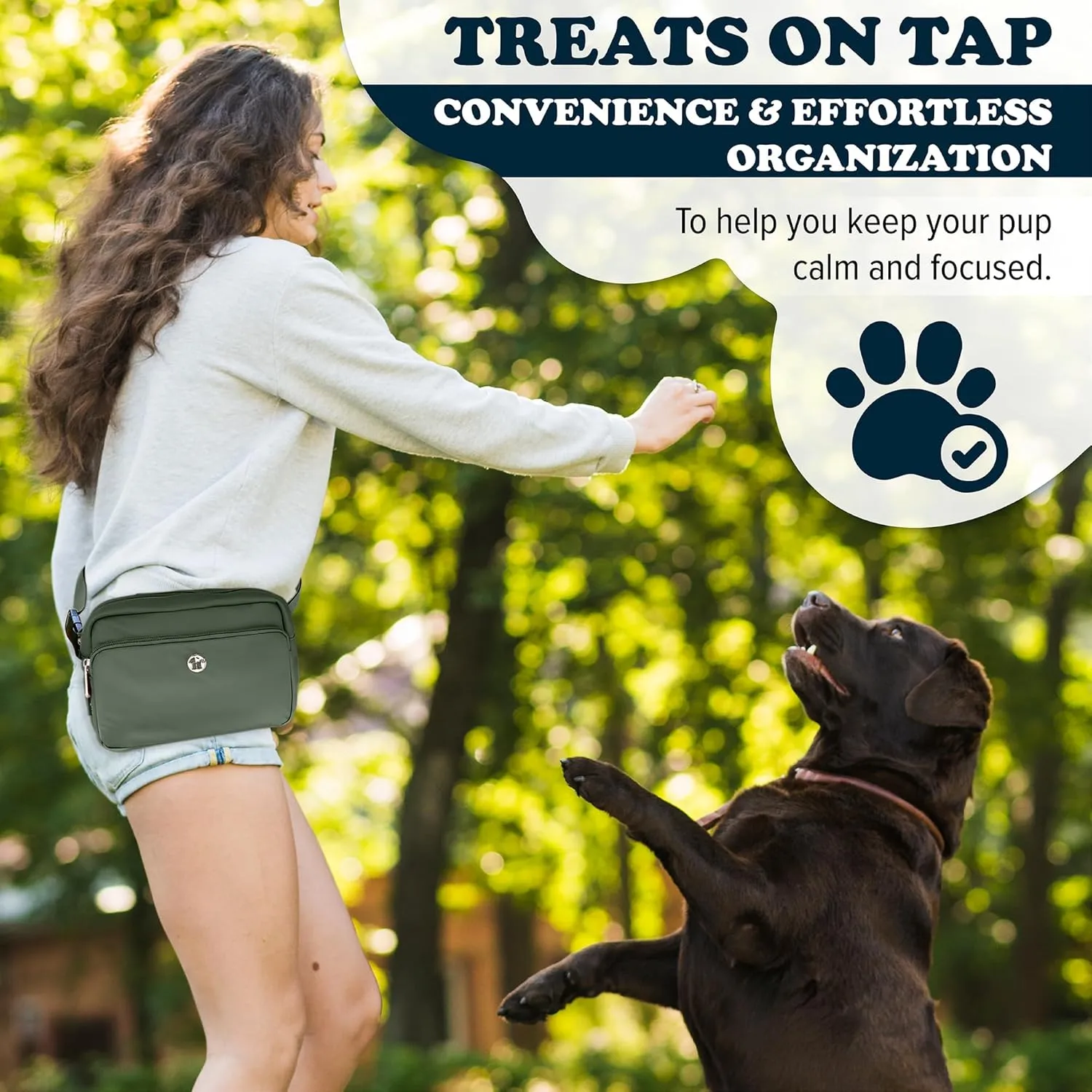 3-in-1 Crossbody Dog Treat Pouch for Pet Training - Compostable Poop Bags, Built-In Poop Bag Dispenser, Slow-Feeding Travel Dog Bowl & Reflective Leash - Dog Walking Bag (Basil Green)